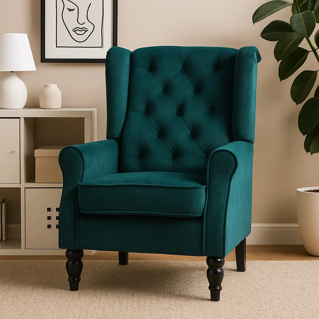 Green velvet wingback armchair with button tufted backrest