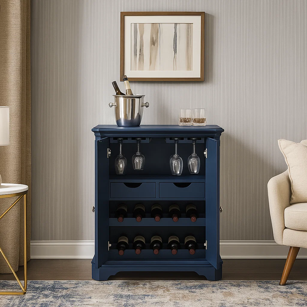 Blue vintage-inspired wine cabinet with glass holders and drawers.
