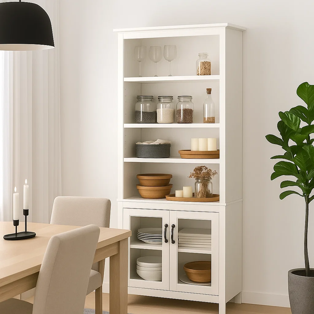 White hutch cabinet styled with vintage glass jars, grains, wooden bowls, and pillar candles.
