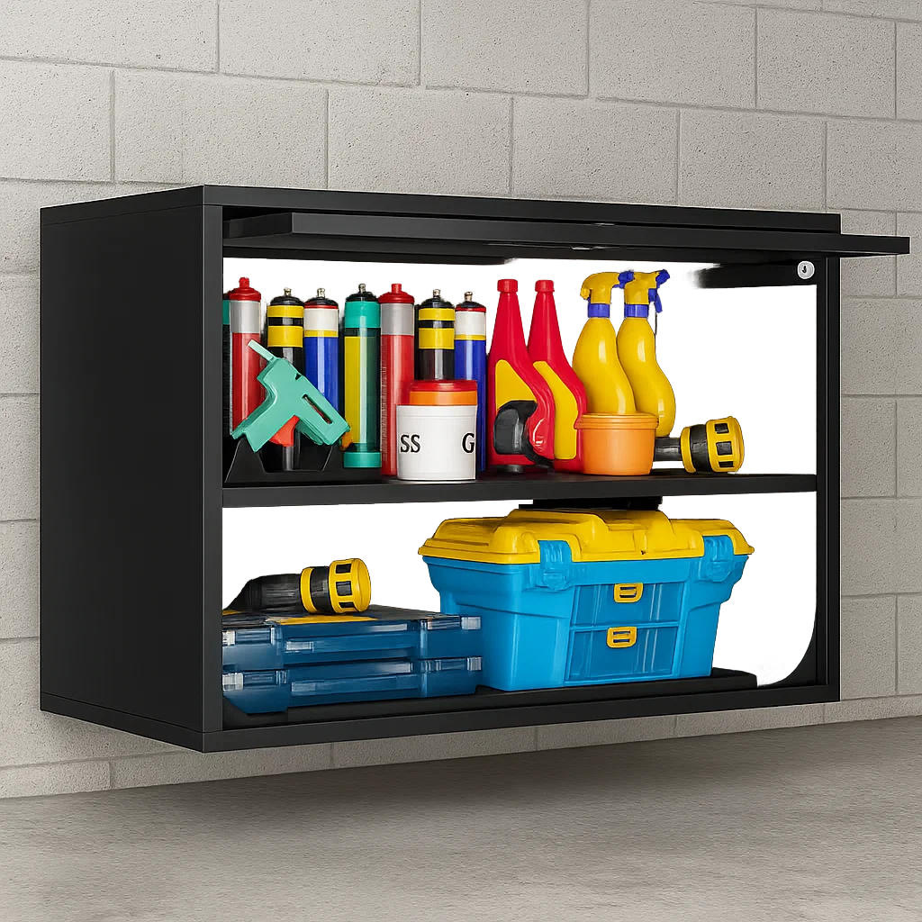 Black garage wall cabinet storing tools, sprays, and a blue toolbox