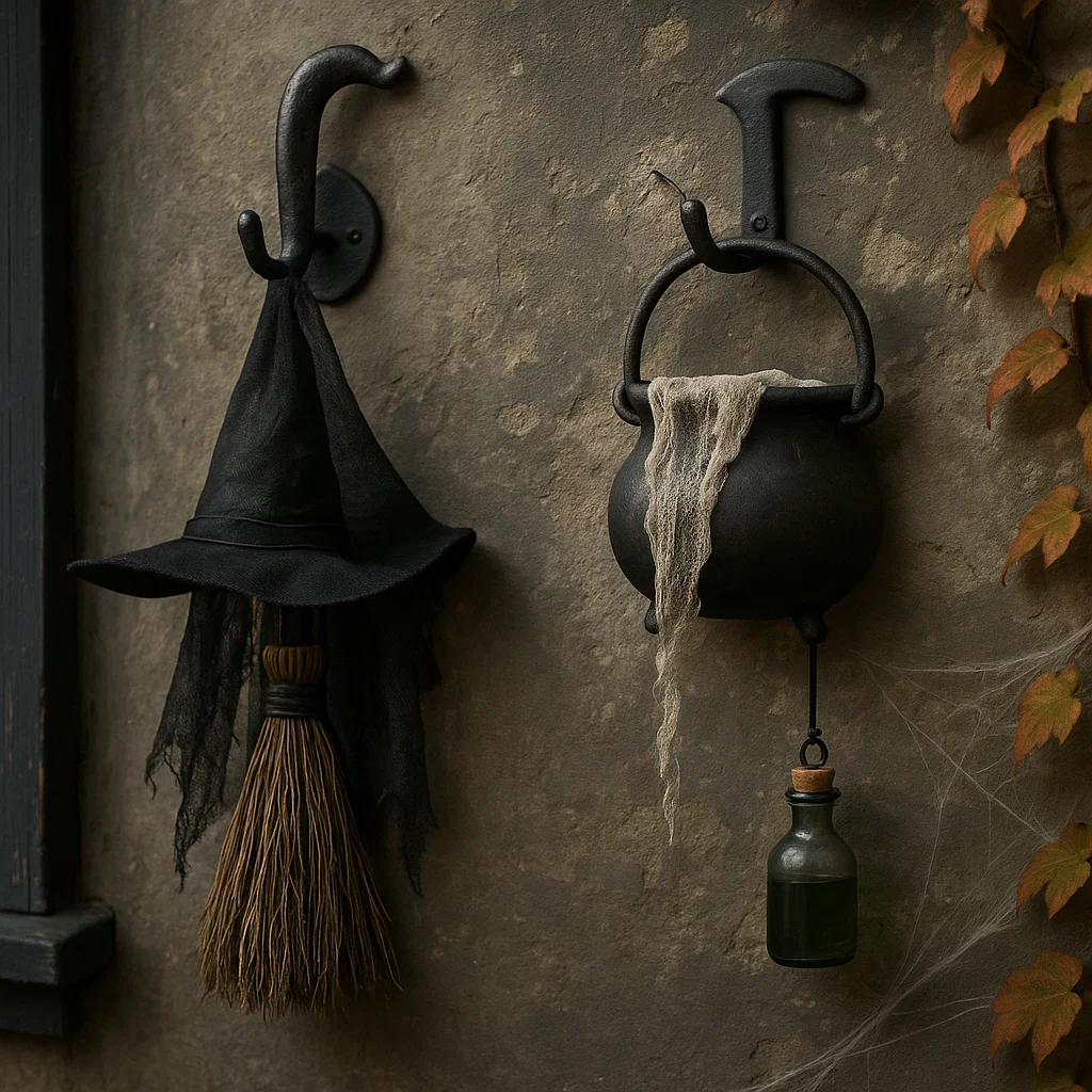 Witch hat, broom, cauldron, and potion bottle on hooks