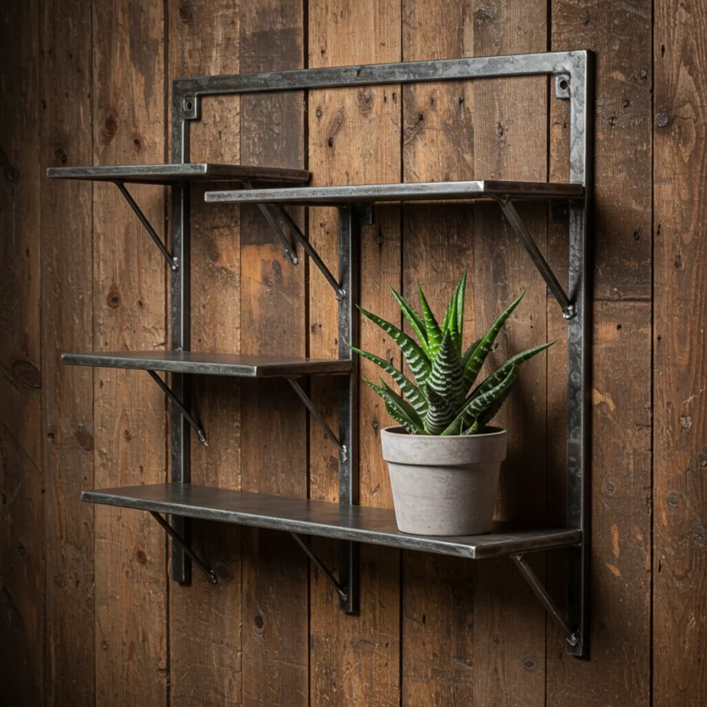 Wall-mounted black metal shelf with potted succulent