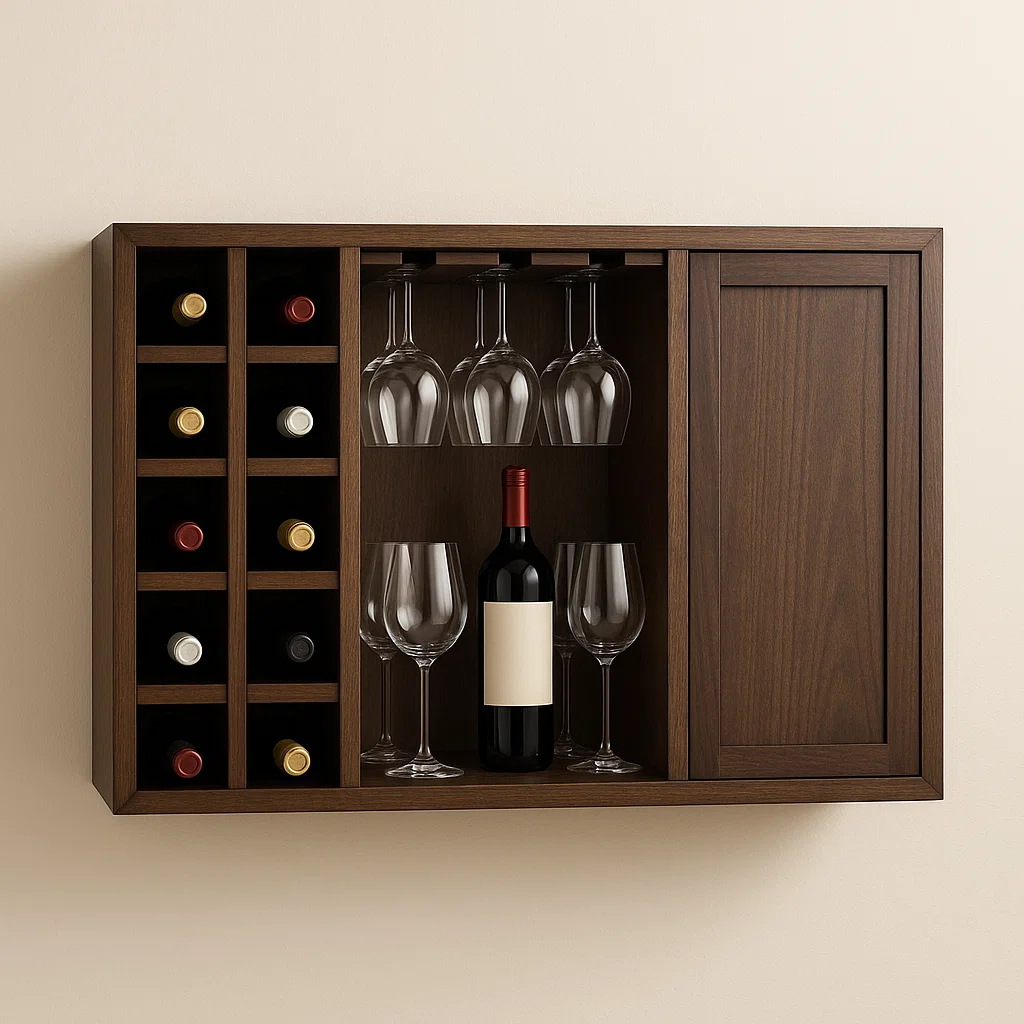 Wall-mounted wooden wine cabinet with bottle slots and hanging glasses.
