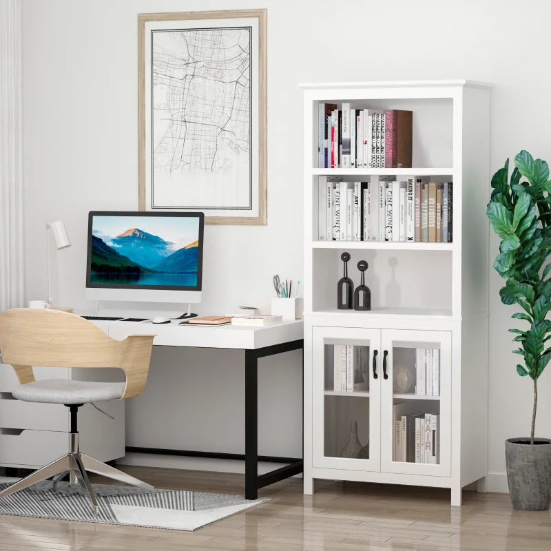 White office hutch cabinet organized with monochrome books and minimalist black and white decor.