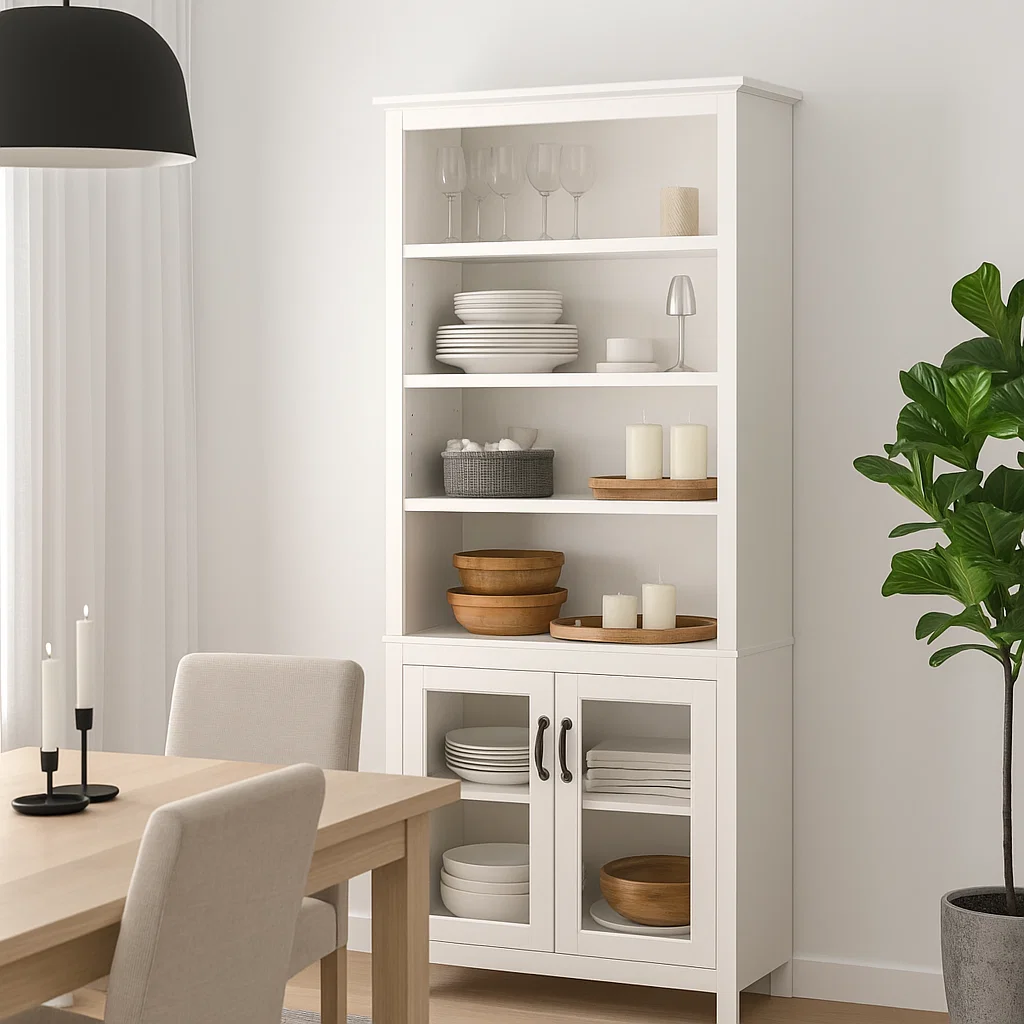 Dining room hutch cabinet styled with glassware, wooden bowls, candles, and stacked plates.
