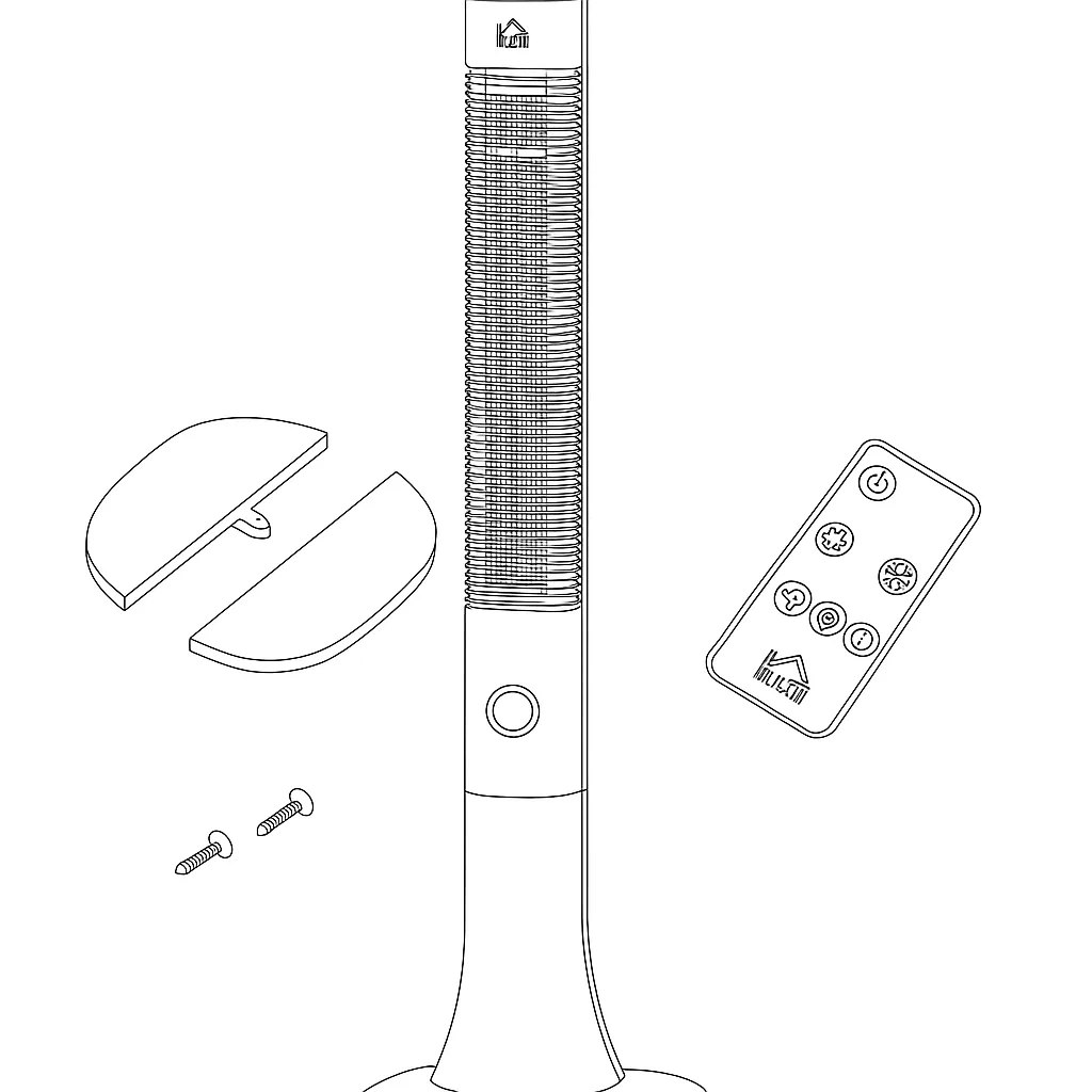 Unboxed tower fan with remote, screws, circular base, and power cord