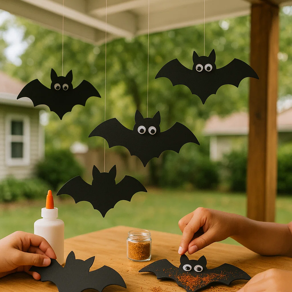 Kids crafting hanging foam bats with glue and glitter.