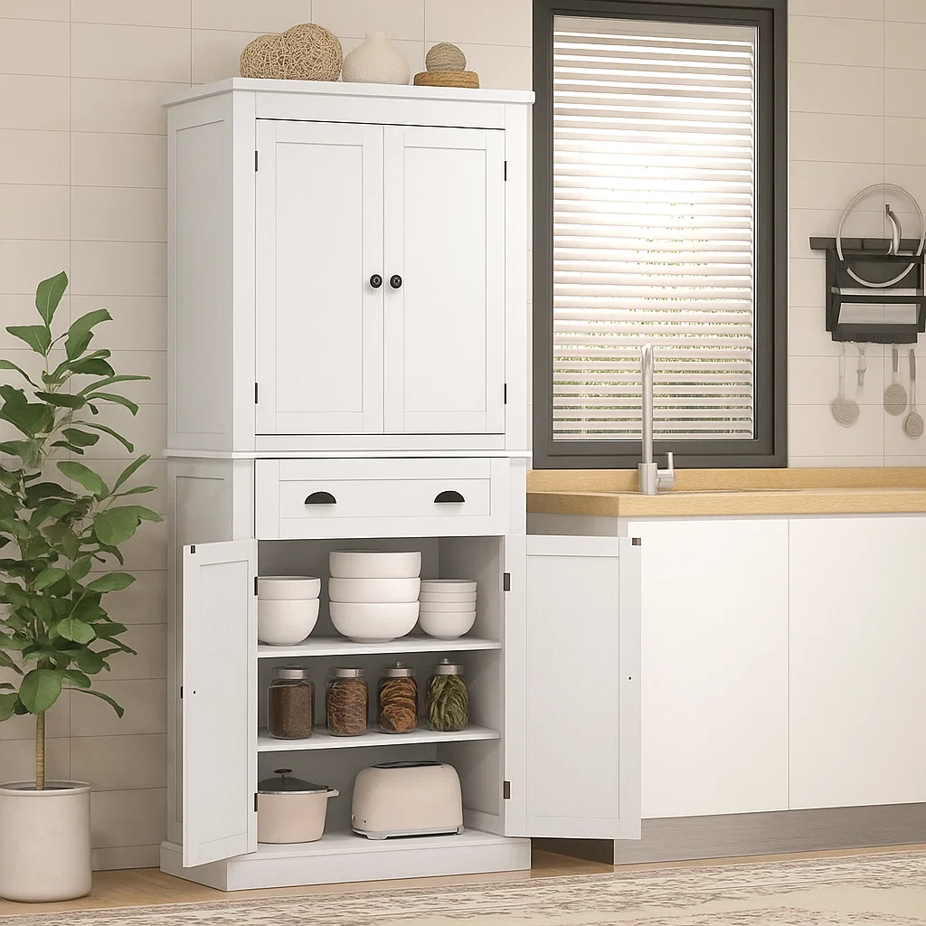 White kitchen cabinet with ceramic mixing bowls and pantry jars