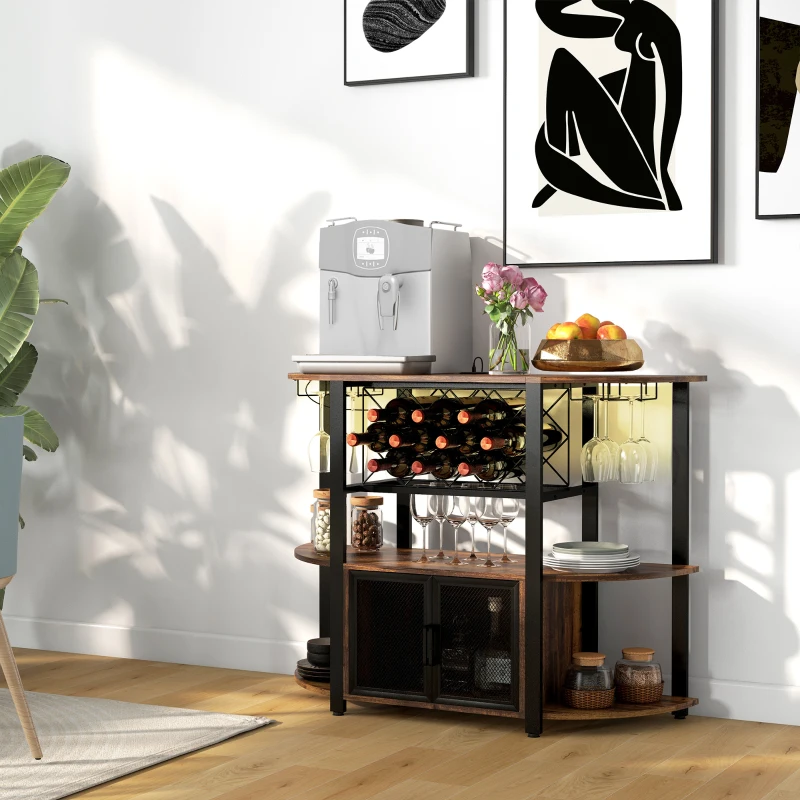 Modern wine bar cabinet with storage shelves and glass holders.