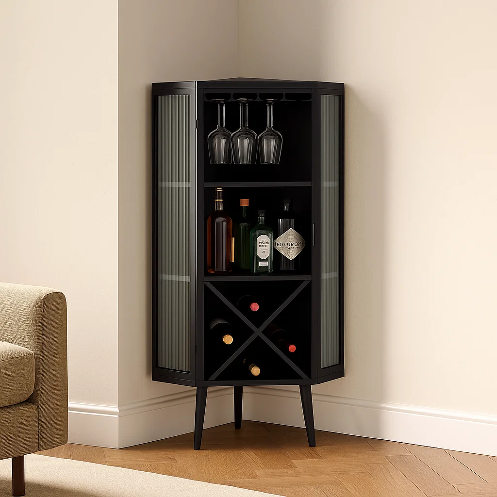 Black corner cabinet with wine bottles and hanging glasses
