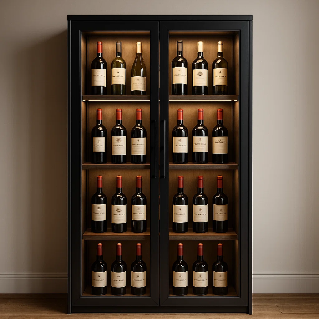 Black wine display cabinet with glass doors and wooden shelves.