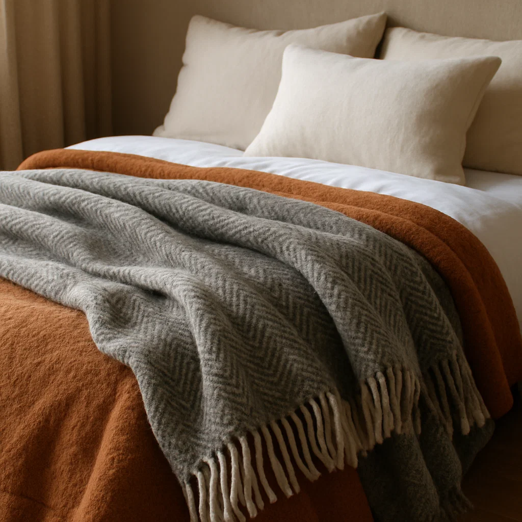 Thick wool, fleece, or cashmere blanket layered for warmth and a cozy, inviting atmosphere.