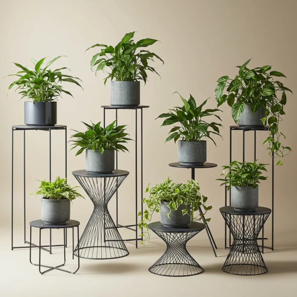 Wireframe metal plant stands with modern potted greenery