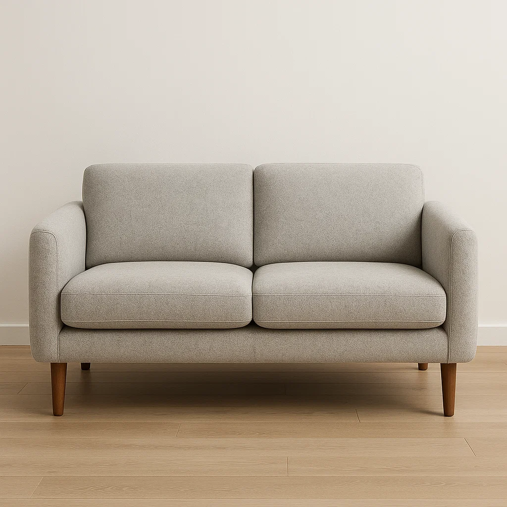 Light gray wool loveseat with wooden legs in minimalist room
