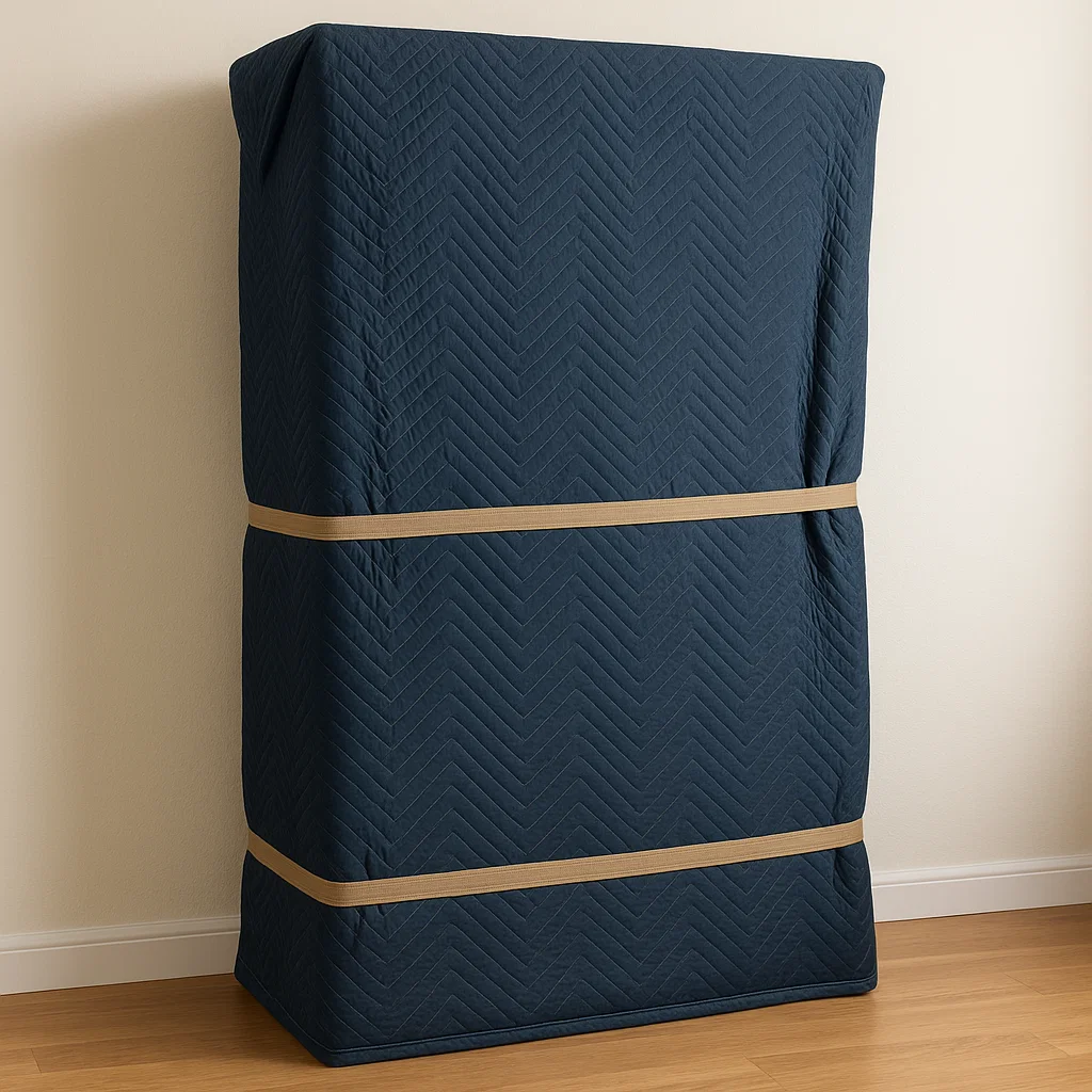 Wardrobe wrapped in protective moving blanket