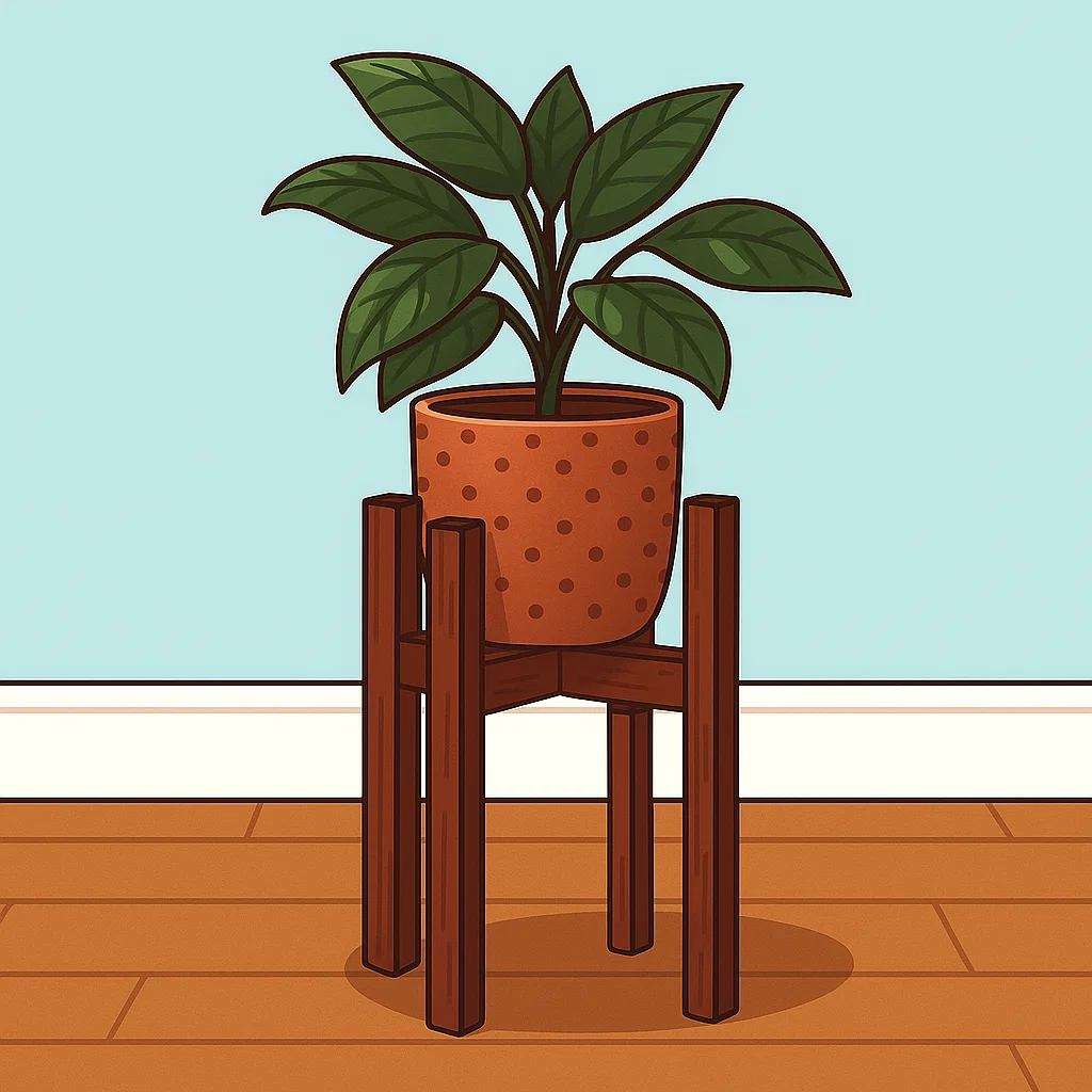 Potted green plant placed neatly on a wooden stand