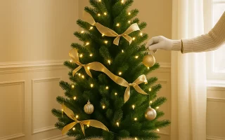Hanging ornaments and ribbons on decorated Christmas tree