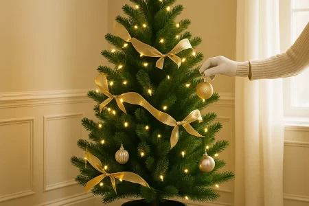 Hanging ornaments and ribbons on decorated Christmas tree