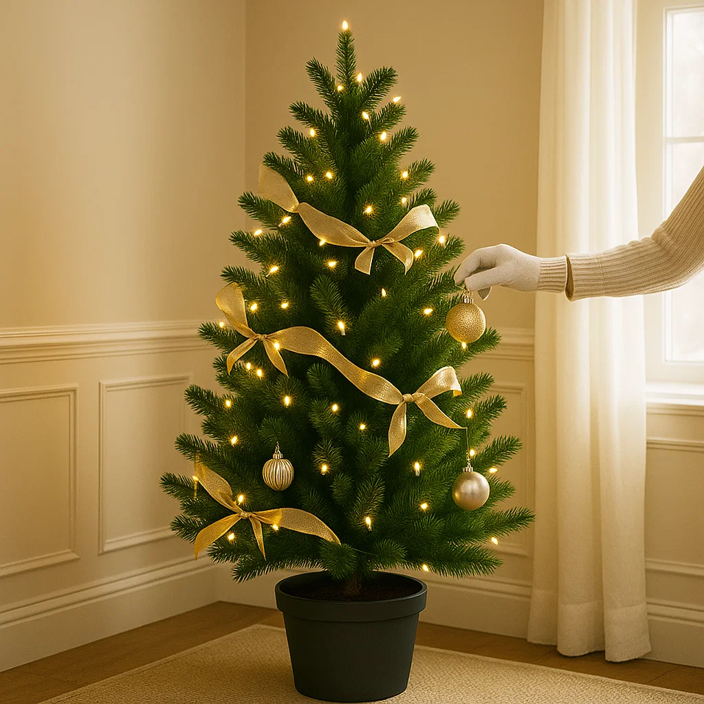 Hanging ornaments and ribbons on decorated Christmas tree