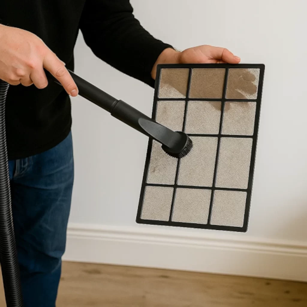 Person vacuuming dust from portable AC air filter.