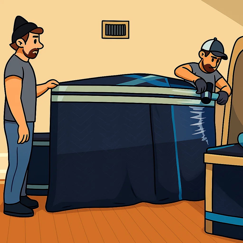 wrapping headboard with protective moving blankets.