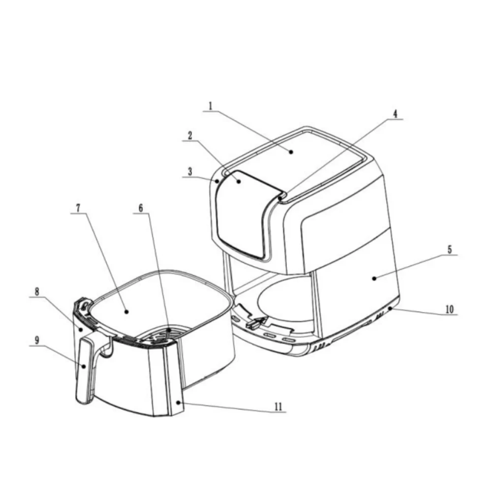 air fryer parts diagram labeled with numbers