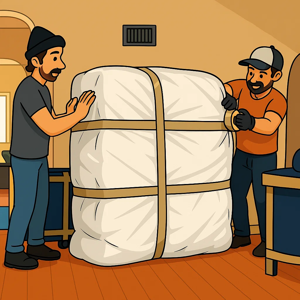 Mattress fully wrapped in white moving cover with straps.