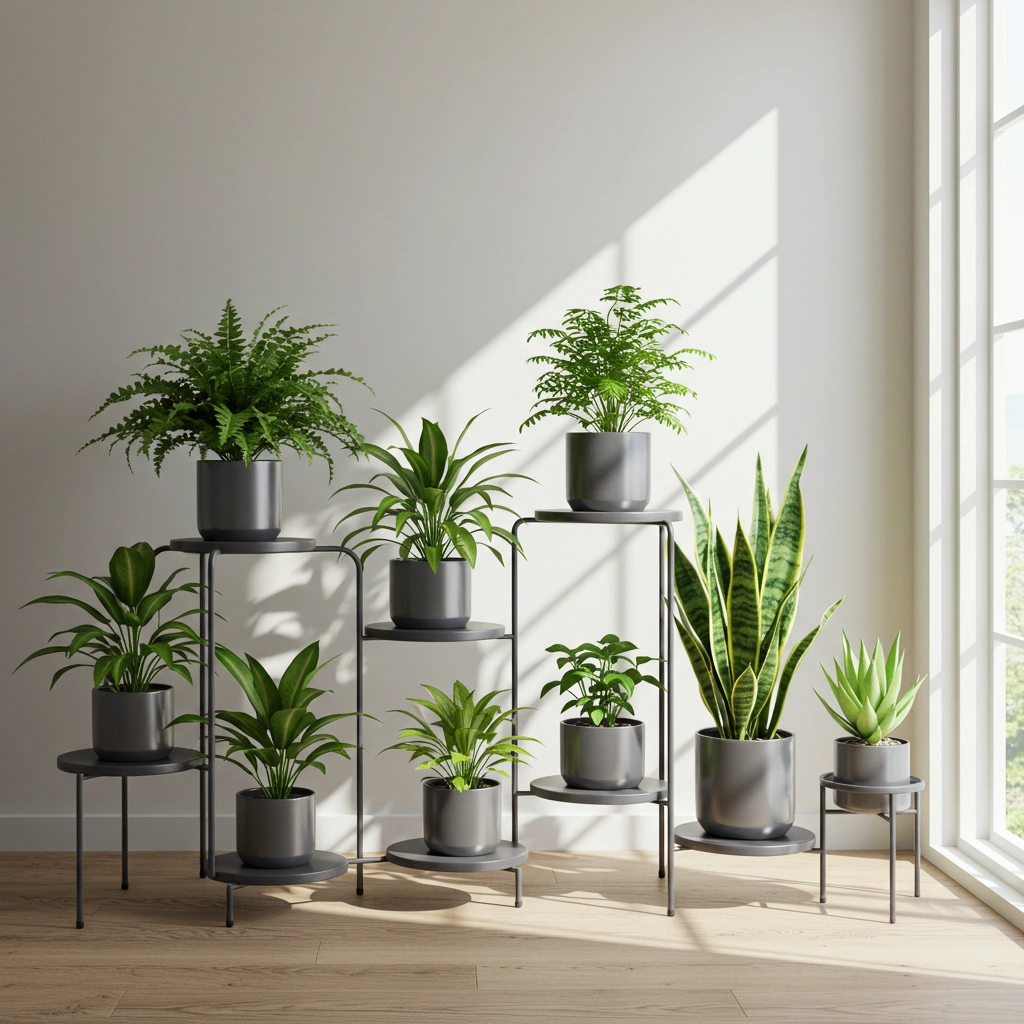 Set of nesting metal plant stands with leafy plants