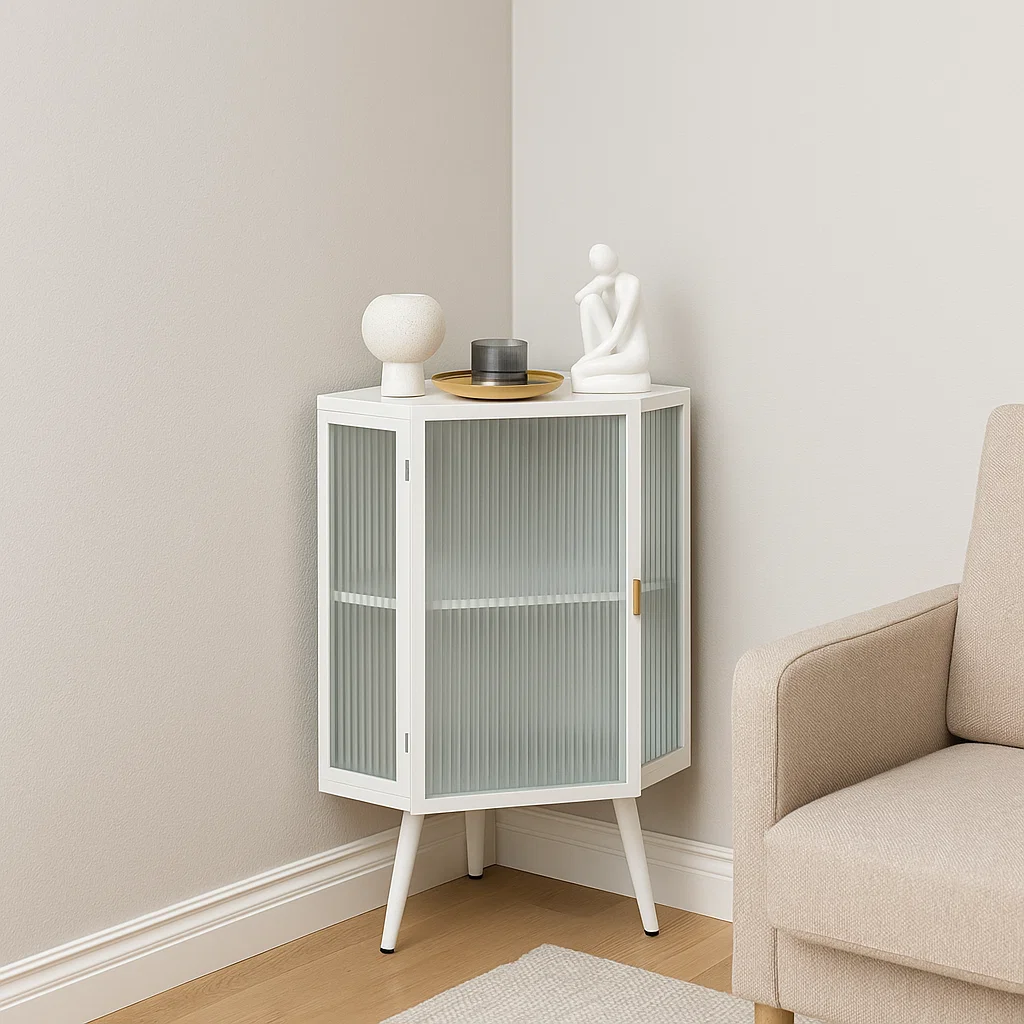  White corner cabinet with vases, and candle.