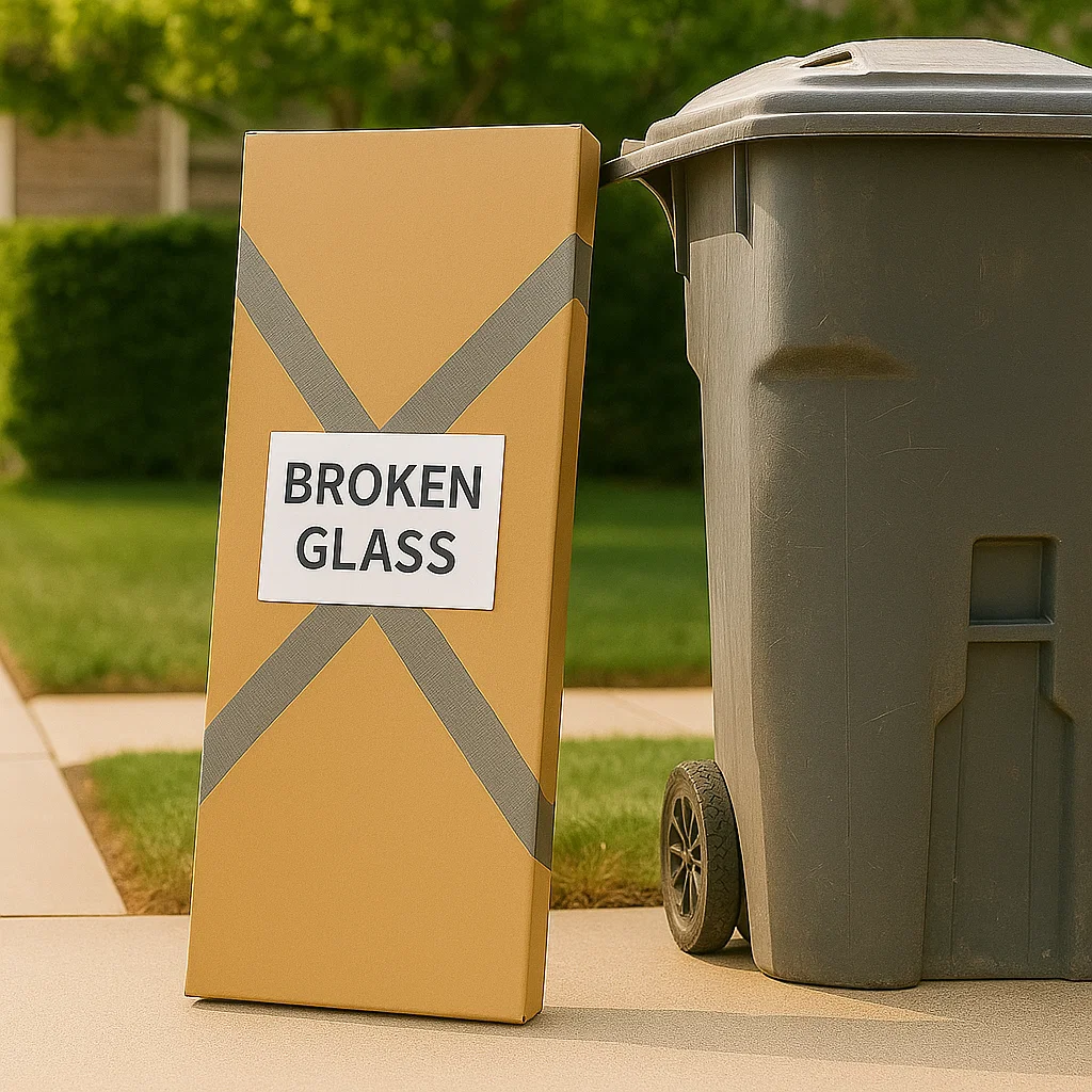 Cardboard box labeled broken glass placed beside outdoor trash bin.