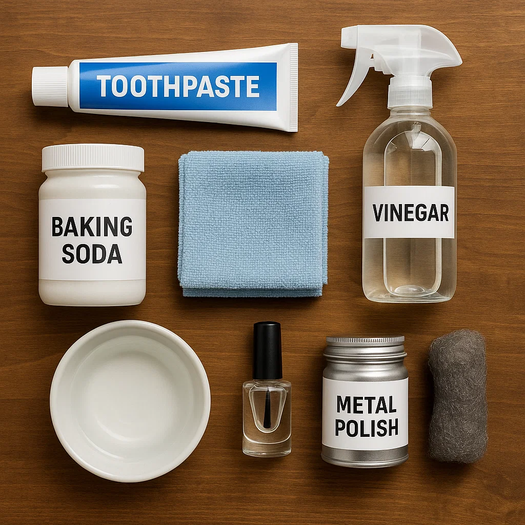 Essential mirror scratch removal supplies including toothpaste, vinegar, baking soda, metal polish, and a microfiber cloth.