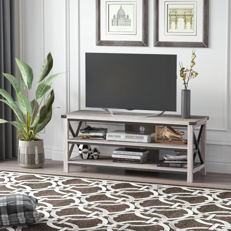 White and wood TV console with storage cabinets and shelves.