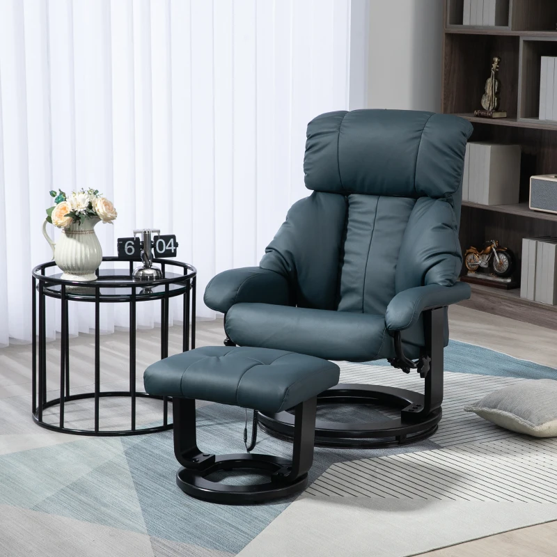 Dark blue recliner chair with ottoman beside round side table
