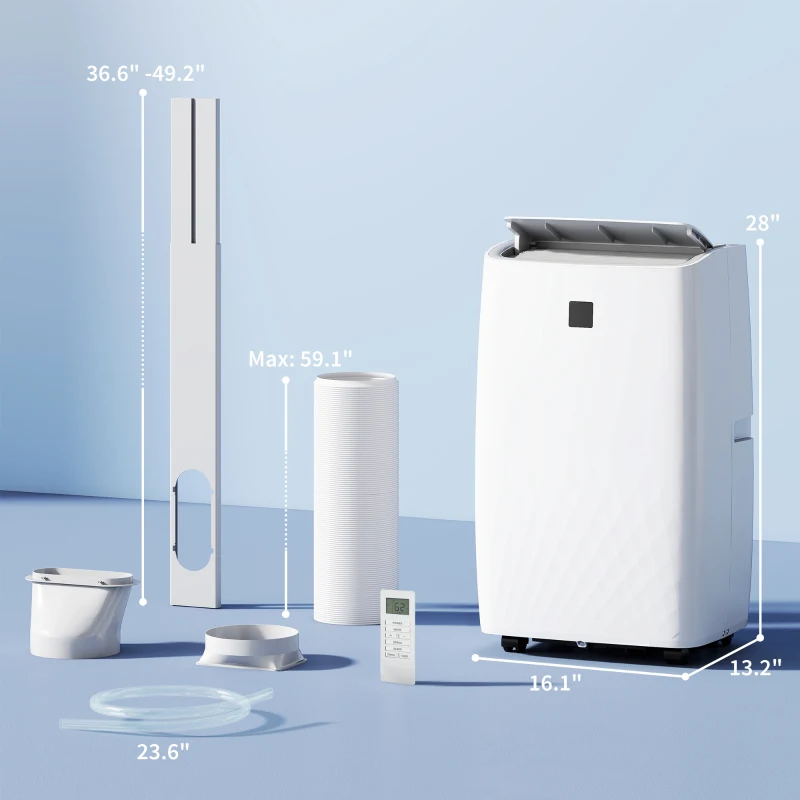 Portable air conditioner parts with measurements displayed.
