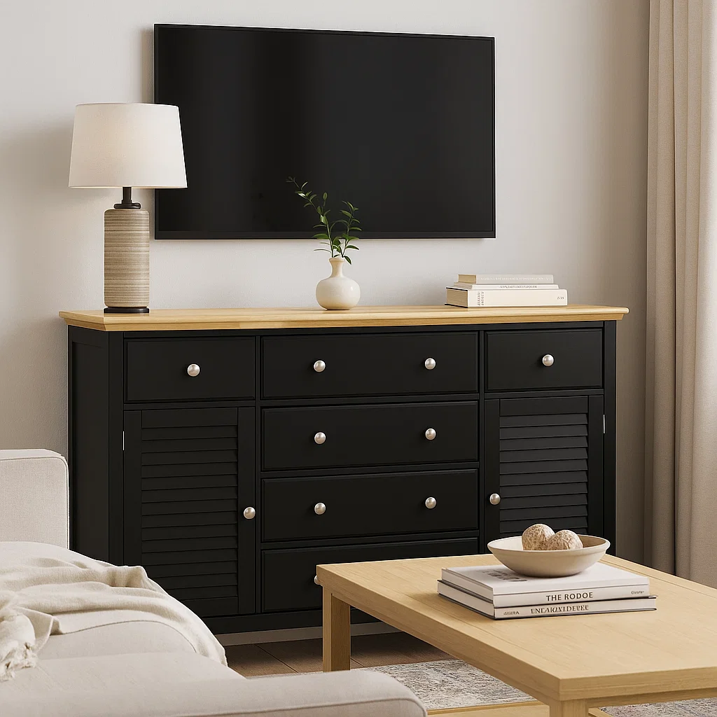 Black sideboard under mounted TV with modern décor.