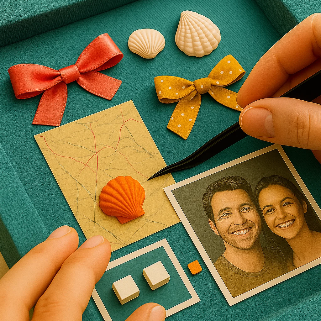 Arranging bows and shells on teal shadow box frame with photo
