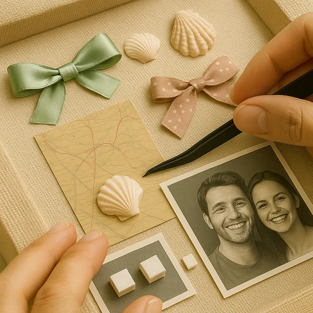 Decorating beige shadow box with shells, ribbons, and photograph