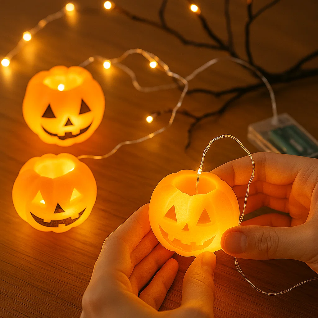 Hands inserting glowing LED lights into mini pumpkin lanterns.