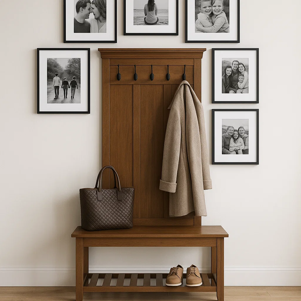 Hall tree with framed photos, coat, and leather bag in hallway.
