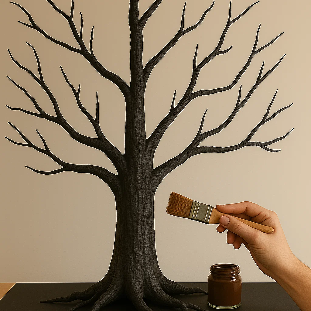 Painting a black tree trunk with textured dark brown paint.