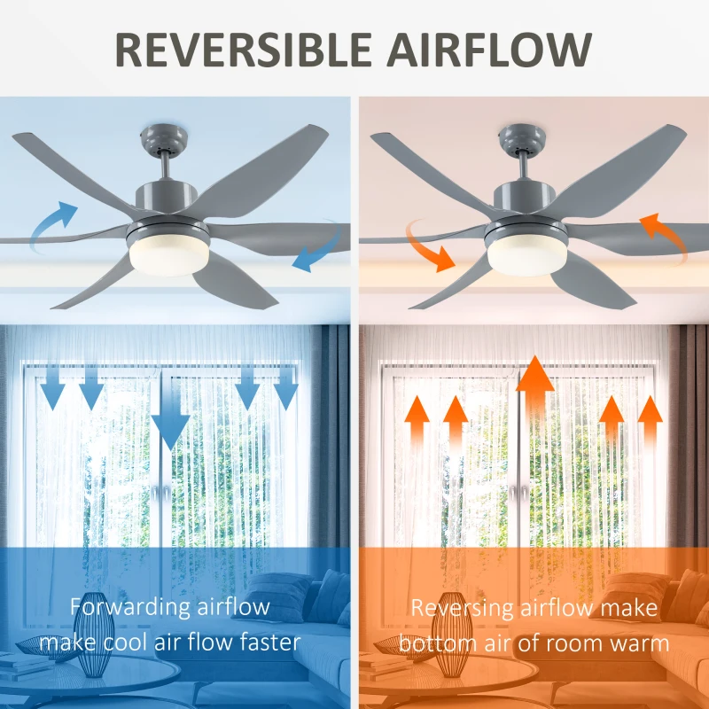 Ceiling fan showing reversible airflow for cooling and heating seasons