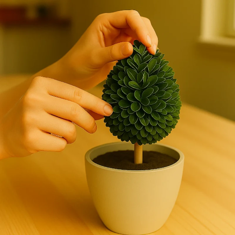 Hands adjusting leaves to shape a small artificial topiary.