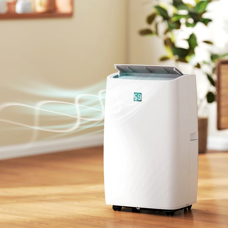 Portable air conditioner operating quietly beside sleeping woman.