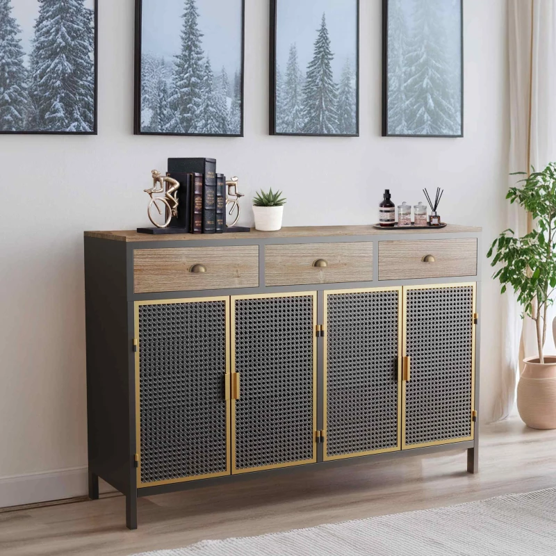 Stylish sideboard decorated with books and indoor plant.