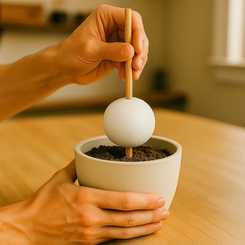 Placing foam ball on wooden stick anchored in soil pot.