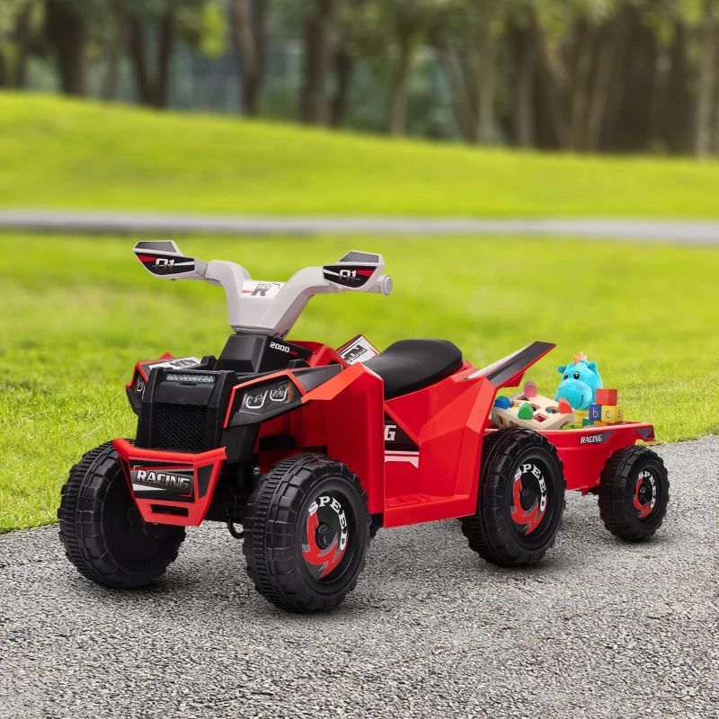 Red kids ride-on quad with trailer filled with toys