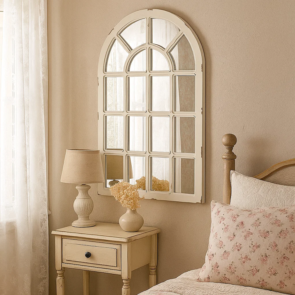 Vintage white arched mirror above nightstand with lamp.