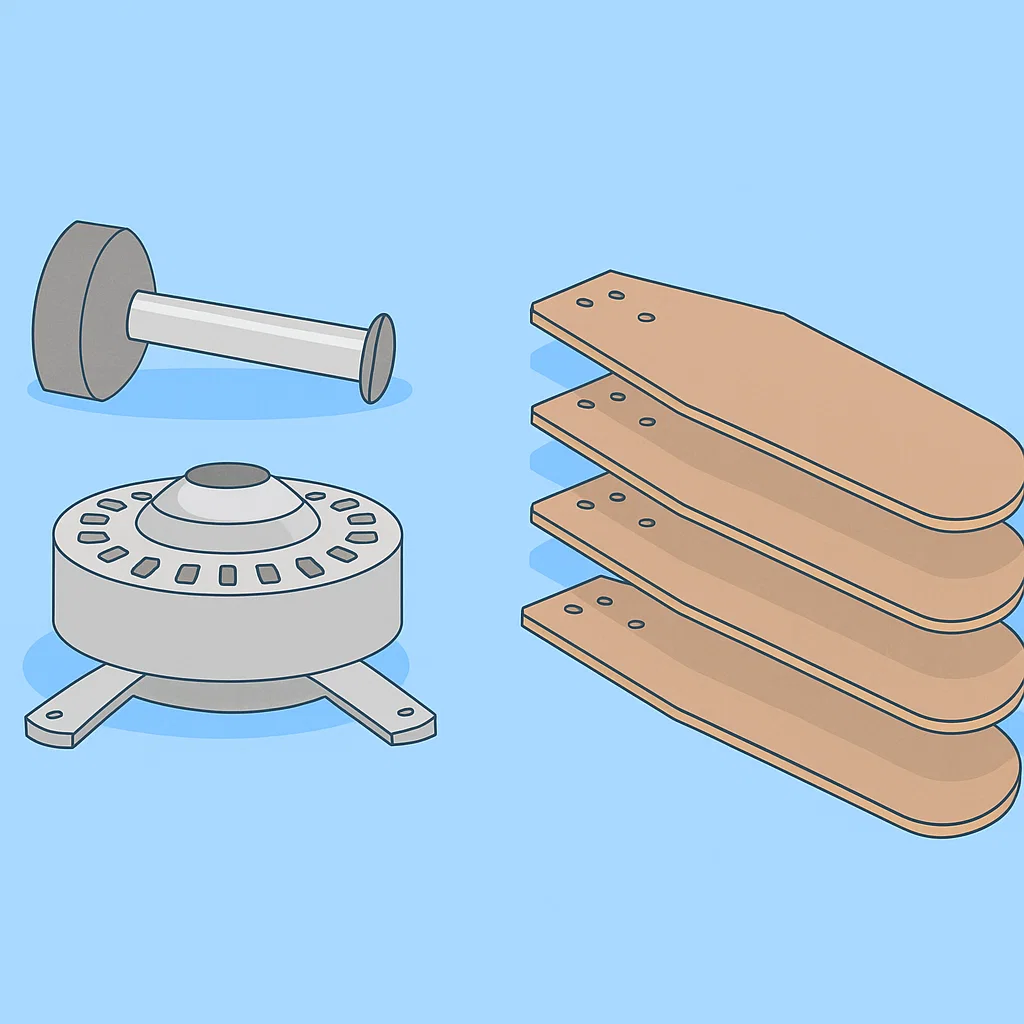 Ceiling fan motor, downrod, and wooden blades laid out for assembly
