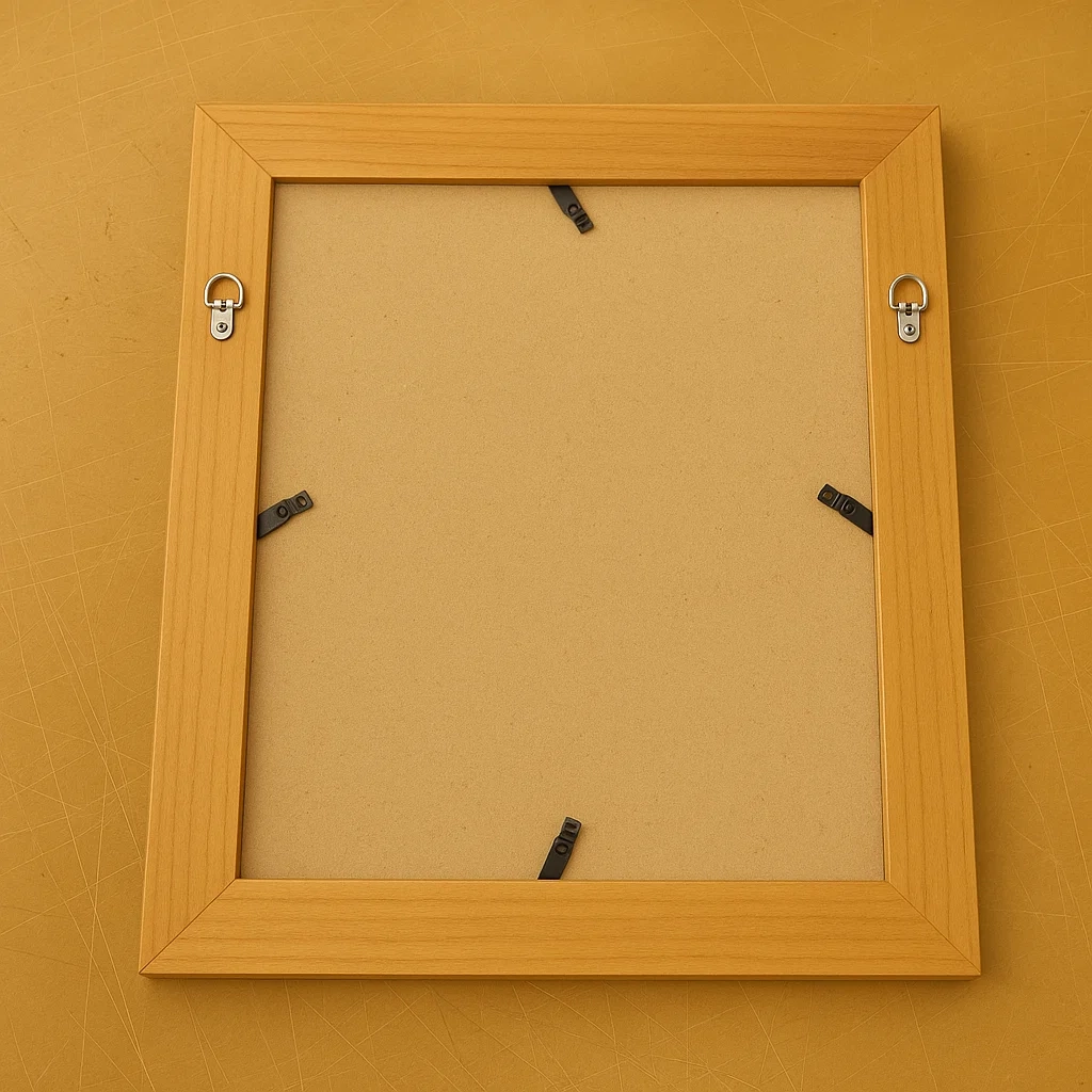 Close-up of wooden frame back with metal D-rings attached