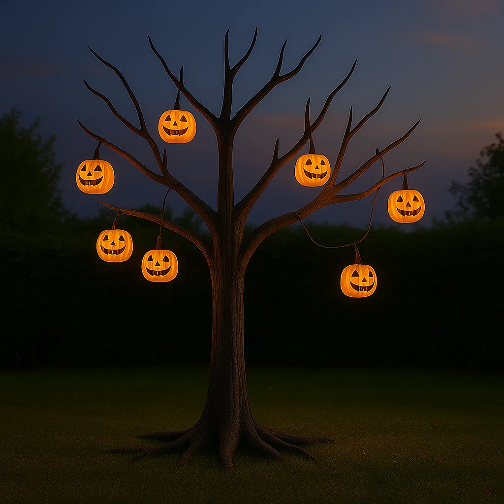Glowing jack-o’-lanterns hanging from tree branches at night.